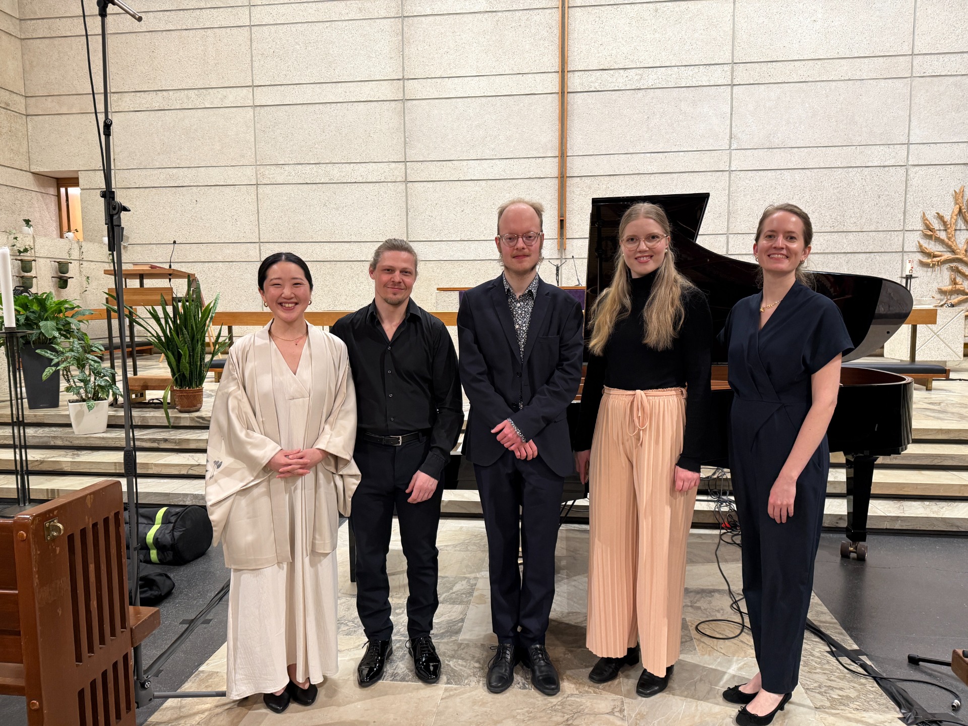 (From left to right) Together with violinist Emi Otogao, violist Gregor Hrabar, kantele player Iida-Maria Kuronen and pianist Marie-Thérèse Gleim at Lauttasaari Church on Friday, March 6, 2026, after the Kalevala Soi (Kalevala Resounds) profile concert, which featured the world premiere performances of arrangements for violin, viola, and piano of Erkki Melartin's opera Aino, Op. 50 (1909), 'Aino's aria to the birch tree' and 'Väinö's playing' (2025), as well as the one-movement and ca. 30-minute Marjatta by Mr. Hiltunen – Trio for violin, viola, and piano, as well as the kantele (2025).