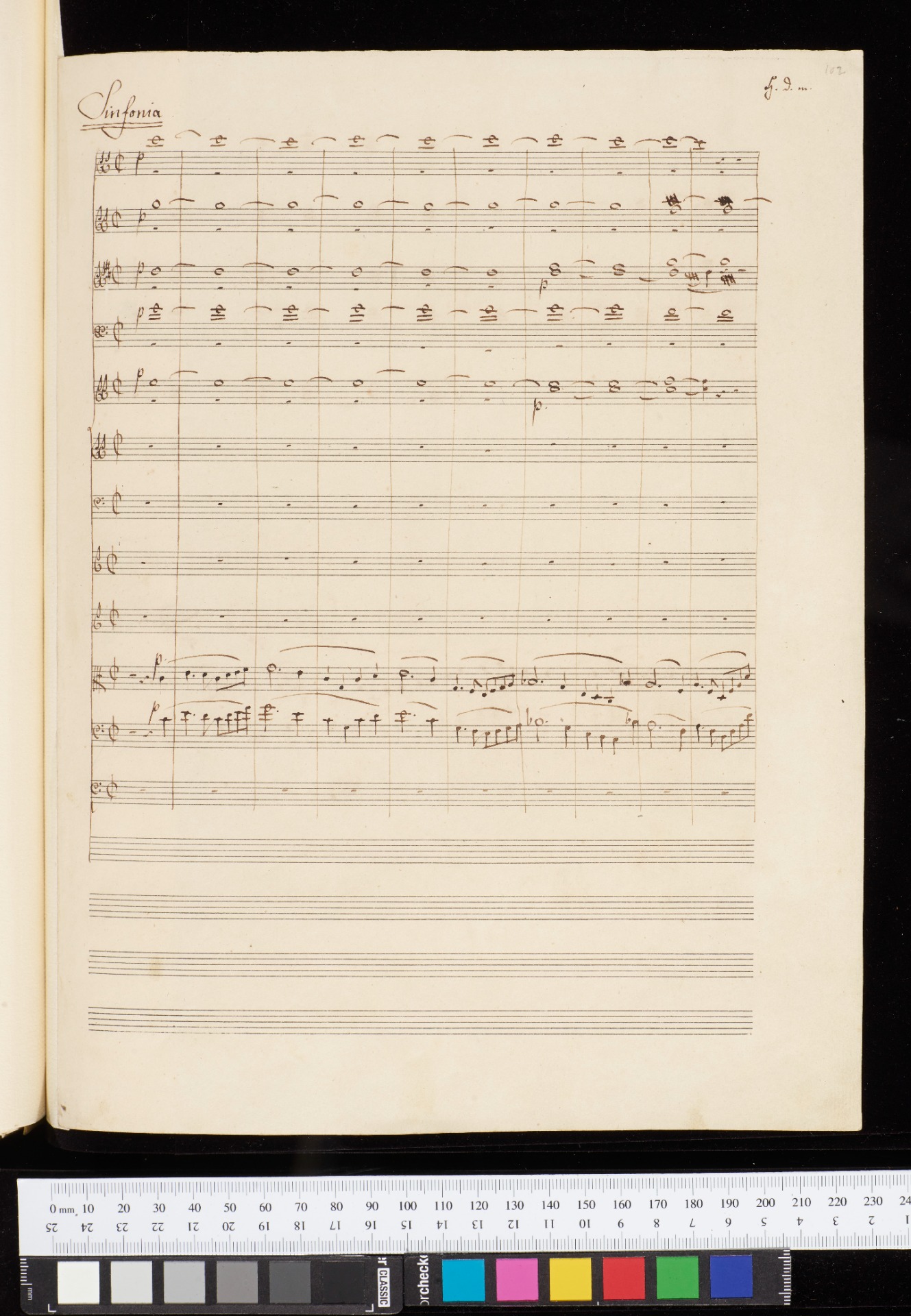Opening of the symphony from Mendelssohn's manuscript. (C) The Bodleian Libraries, University of Oxford, MS. M. Deneke Mendelssohn, b. 5, fol. 102r