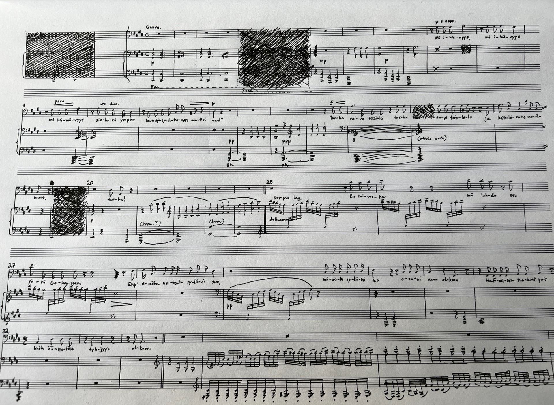 The first page of the manuscript of Ikävyys. (C) Photo provided courtesy of the composer.
